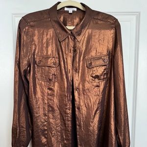 Calvin Klein Shiny Bronze Metallic Blouse Button Down Size Large